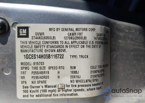 2005 Chevrolet Ssr z USA, uszkodzony, nr VIN 1GCES14H05B116722